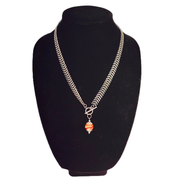 Elegant Whimsical Fishbone Chain Lampwork Glass Pendant Necklace Red White Swirl - Picture 2 of 7